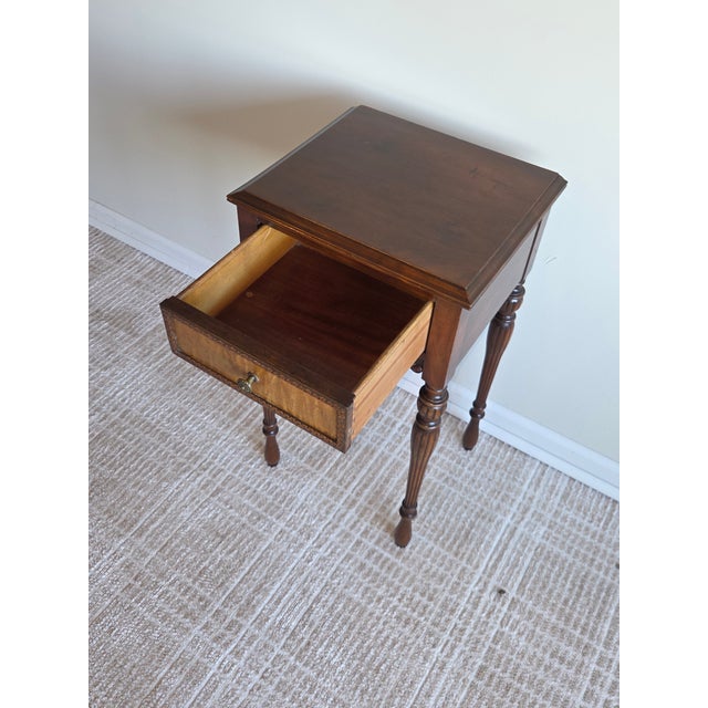 Brown Sheraton Style Mahogany One-Drawer Stand With Burlwood Drawer Front For Sale - Image 8 of 10