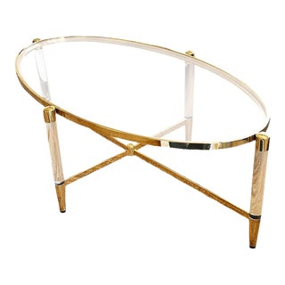 Late 20th Century Modern Lucite and Brass Oval Coffee or Cocktail Table With Glass Top For Sale