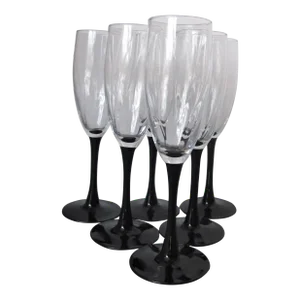 Vintage Black Stem French Astra by Cristal d'Arques-Durand Champagne Flutes, Optic Swirl Clear Bowls- Set of 6