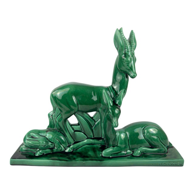 Monumental French Art Deco Ceramic Sculpture ‘Stag, Doe & Fawn’ by Charles Lemanceau, 1930s For Sale