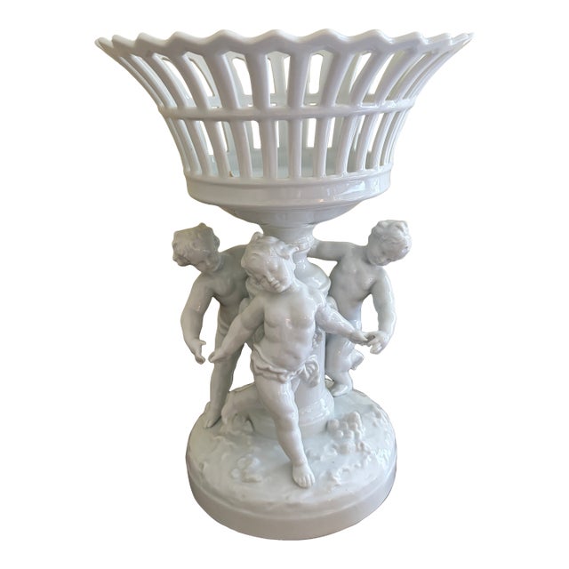 Antique Italian Neoclassical Porcelain Reticulated Basket on Pedestal With Putti For Sale