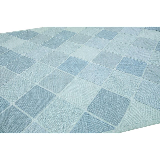 Textile Modern Handmade Swedish Style Wool Rug With Turquoise Geometric Design For Sale - Image 7 of 8