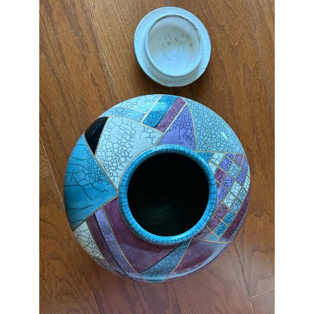 1998 Postmodern Mindy Brunn Handmade Geometric Signed and Dated Raku Ceramic 10" Centerpiece Lidded Vessel / Art Pottery For Sale - Image 13 of 18
