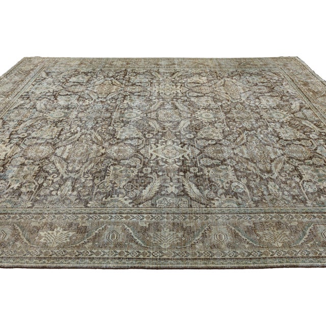 Antique Mahal Hand-Knotted Wool Rug in Neutral Mocha, Espresso, & Ice Blue For Sale - Image 12 of 12