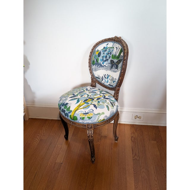 Vintage French Side Chair Freshly Upholstered in Schumacher Citrus Garden in Pool For Sale - Image 9 of 9