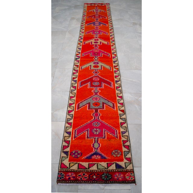 Textile Hand-Knotted Turkish Runner Rug. Bright Orange Narrow Hallway Decor Kitchen Rug - 2' X 12'4" For Sale - Image 7 of 16
