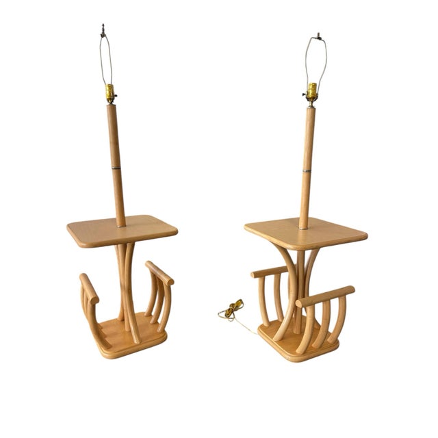 Classic Rattan “06” Floor Lamps With Table, a Pair, Vintage Bamboo, Wood, Boho, Coastal For Sale - Image 4 of 11