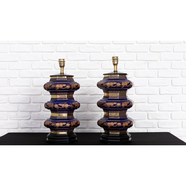 Blue Hand-Painted Blue and Gilt Ceramic Table Lamps, 1960s, Set of 2 For Sale - Image 8 of 8