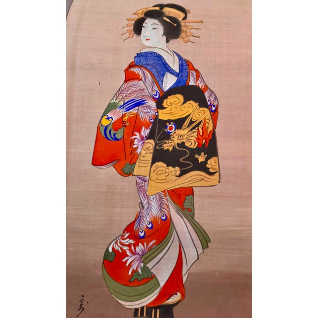 Mid 20th Century Japanese Woodblock Print Scroll Depicting a Standing Beauty For Sale - Image 11 of 12