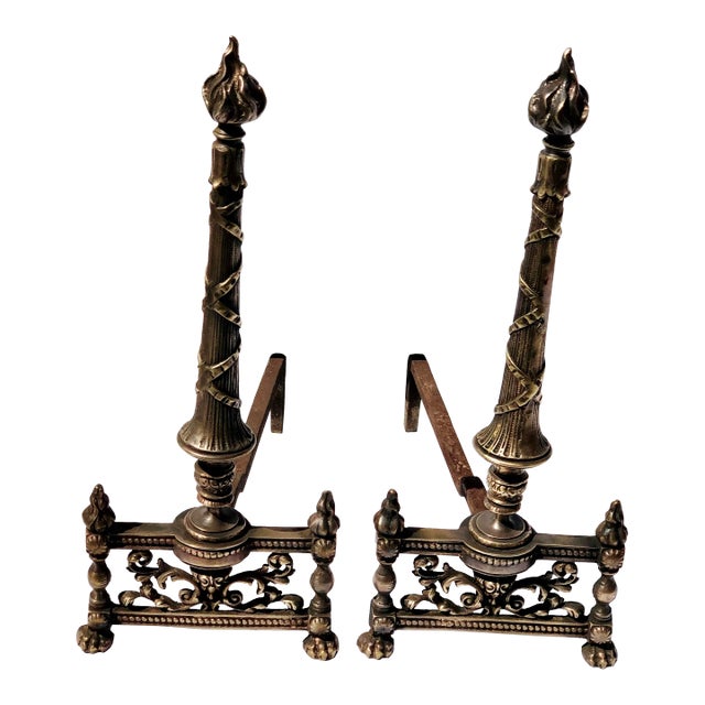 French Brass Column & Flame Finial Andirons - a Pair For Sale