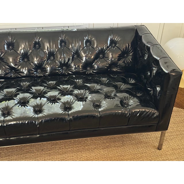 2010s Custom Edelman Black Patent Leather Tufted Tuxedo Sofa For Sale - Image 5 of 14