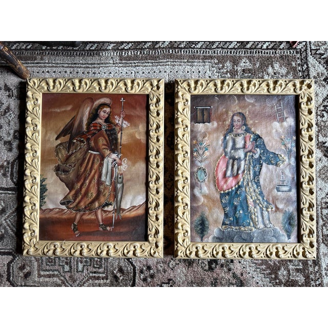 Antique Peruvian Spanish Colonial Cuzco School Style Oil Paintings a Pair For Sale - Image 9 of 9