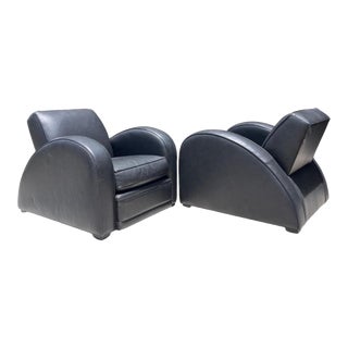 Art Deco Ralph Lauren Style Black Leather Streamline Lounge Club Chair, a Pair For Sale