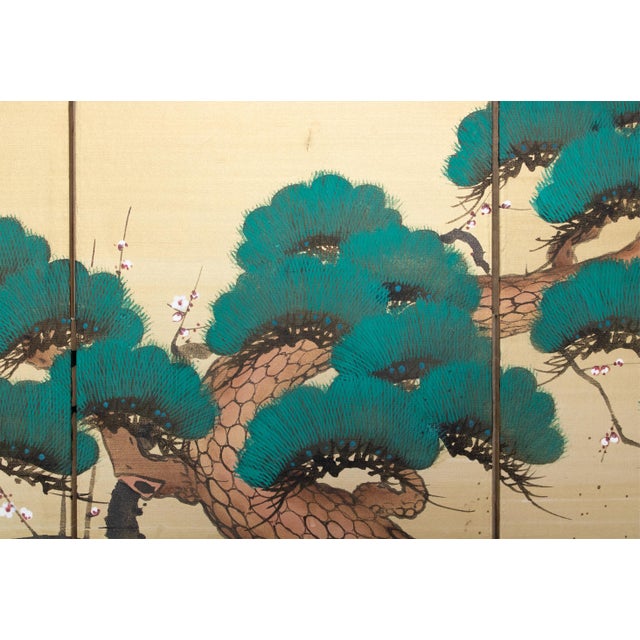 Wood C. 1960s Showa Era Japanese Painted Silk Byobu Screen "Evergreen Pine Tree" For Sale - Image 7 of 18