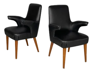 Mid-Century Modern Italian Chairs in Black Leather and Wood, 1960s, Set of 2
