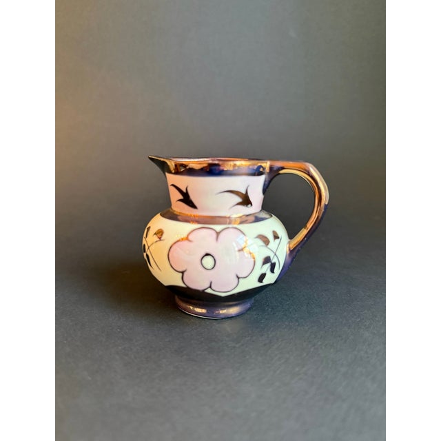 Victorian 1940s English Copper Lustre Pitcher, Creamer With Pink Floral Design For Sale - Image 3 of 8