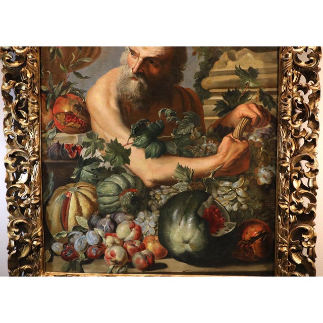 Baroque Bottega Di Abraham Brueghel, Portrait of the Greek Philosopher Diogenes with a Composition of Fruit, 1680, Oil on Canvas For Sale - Image 3 of 14