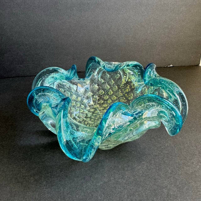 Murano Art Glass Dish Turquoise Gold Bullicante Bubbles Mid Century Italian Murano For Sale - Image 4 of 10