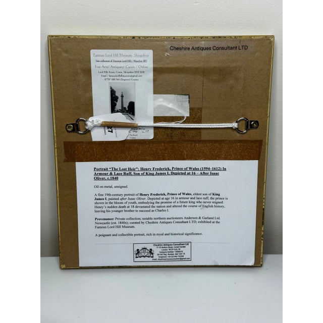 Historic Oil Painting England’s Lost Heir: Henry Frederick, Prince of Wales in Ceremonial Armour Wearing Order of the Garter After Isaac Oliver C1840 For Sale - Image 4 of 18