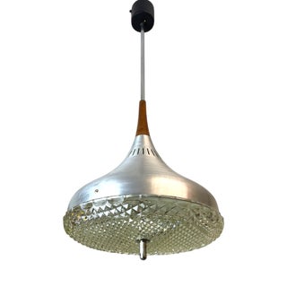 Mid-Century Modern Scandinavian Chromed Aluminium and Glass Hanging Light with Wooden Accent, 1970s For Sale