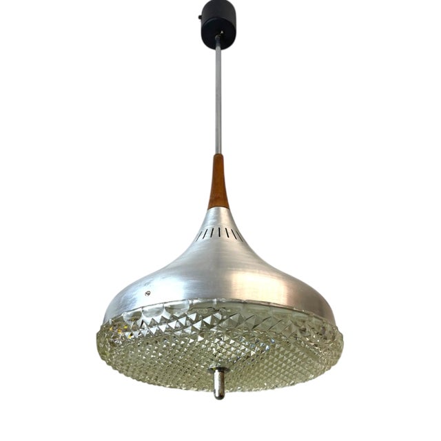 Mid-Century Modern Scandinavian Chromed Aluminium and Glass Hanging Light with Wooden Accent, 1970s For Sale