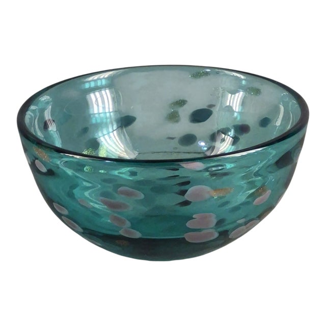 Glass Vintage Lenox Hand Blown Art Glass Teal Retro Fleck Splatter Bowl For Sale - Image 7 of 7