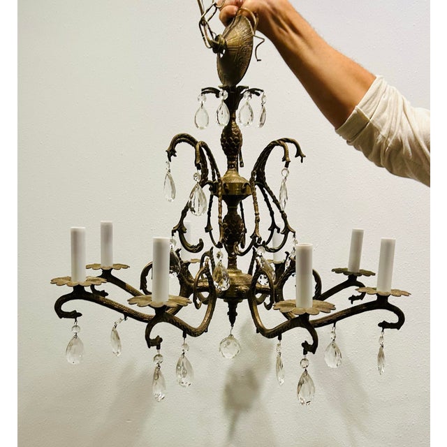 Mid-Century Brass Spanish Style 8 Arm Chandelier With Crystals For Sale - Image 12 of 12