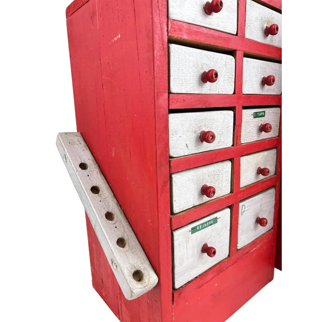 Red Vintage 1950s Red Handmade Industrial Wood 10-drawer Storage Units - A Pair For Sale - Image 8 of 10