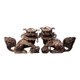 Pair of Antique Gilt Bronze Guardian Lion Figurines, 7400g Total, High Relief For Sale