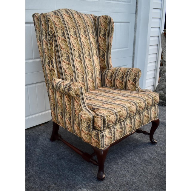 Vintage Queen Anne Wingback Chair Mahogany Cabriole Leg Striped Tapestry Floral For Sale - Image 10 of 15