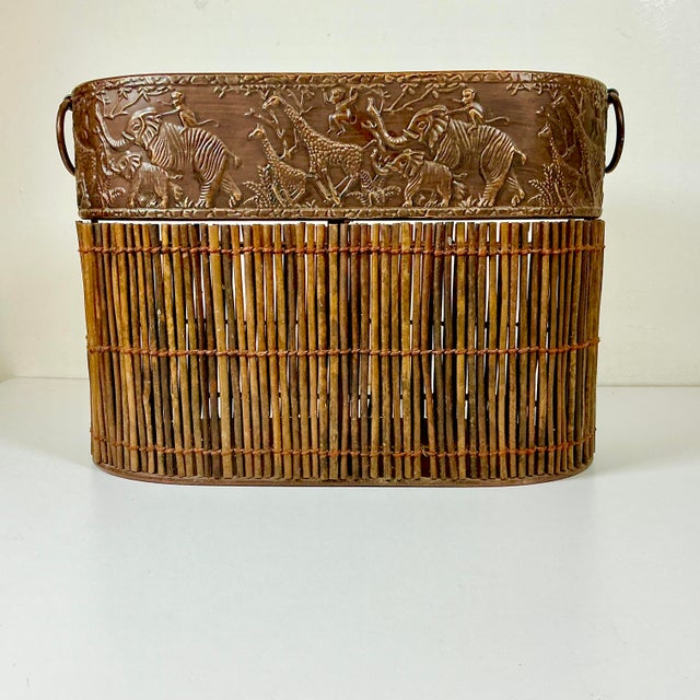1980s Vintage Boho Chic Safari Coastal Tole Elephant, Monkey & Giraffe Faux Wood Bamboo Wastebasket For Sale - Image 6 of 16