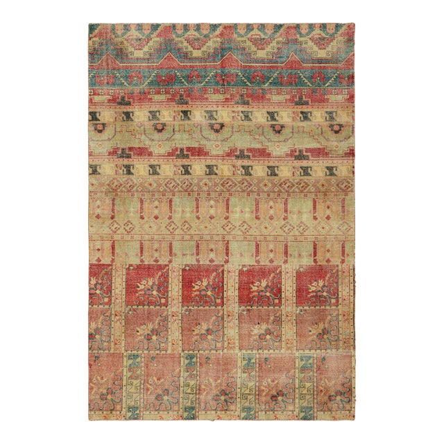 Rug and Kilim’s Distressed Style Rug in Warm Polychromatic Geometric Patterns For Sale