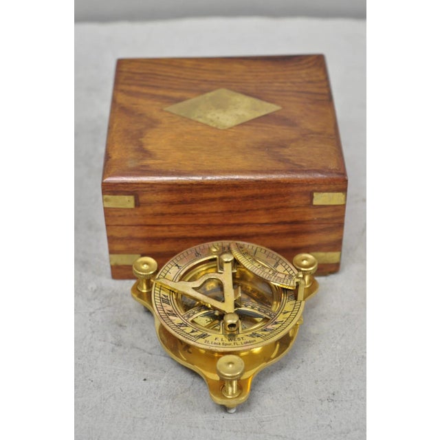 Vintage English Campaign Brass Round Sundial Compass With Small Rosewood Box For Sale - Image 4 of 18