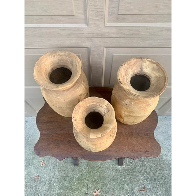 A gorgeous set of three antique Organic Modern Wabi-Sabi style hand-turned bleached raw wood vessels India, Circa early...