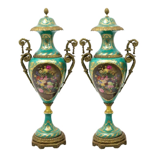 Pair of Large / Impressive 19th Century French Ormolu Mounted Sèvres Porcelain Urns For Sale