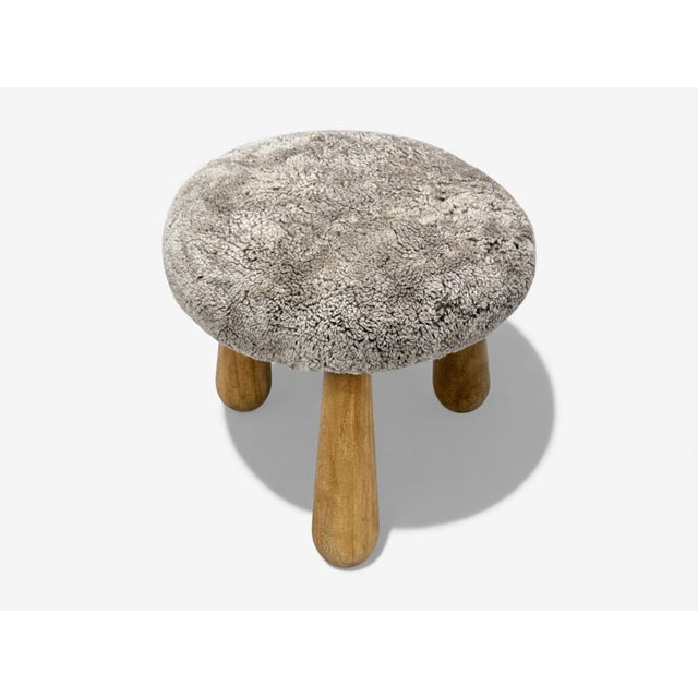 Danish Modern Style, Gray Sheepskin, Maple, Shearling Footstools, 21st C. For Sale - Image 4 of 9