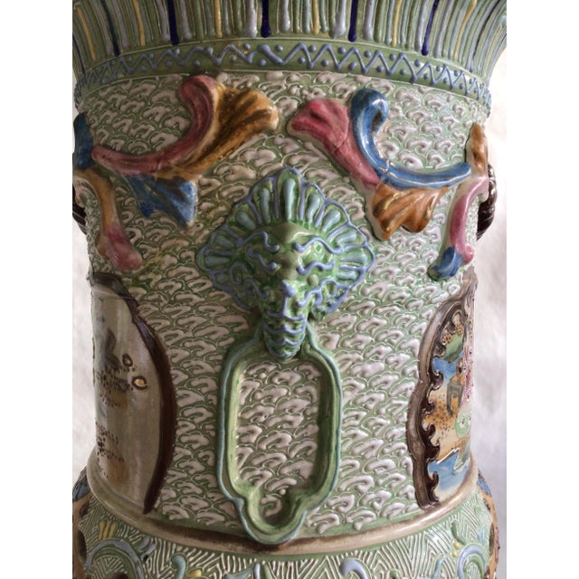 Peach 1920s Satsuma Style Ceramic Umbrella Stand With Painted and Raised Motifs For Sale - Image 8 of 12