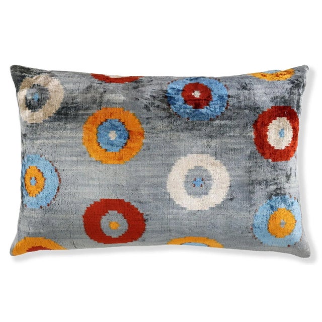 "Handwoven silk velvet from Turkey &amp; Uzbekistan Vibrant multicolor circle motif on a steel blue-gray background Sized...