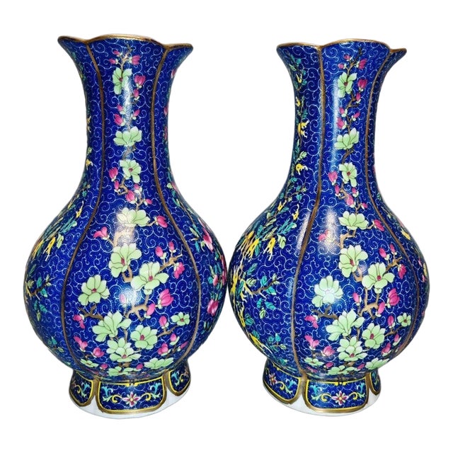 Pair of Chinese Deep Blue Famille Rose Plum Blossom Floral Vases, Chinoiserie Decor Vessels For Sale