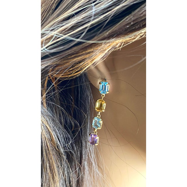 Metal 14k Gold 1.70 Inch Long Drop Earrings Emerald Shaped Blue Topaz Amethyst Citrine - 2 Pieces For Sale - Image 7 of 8