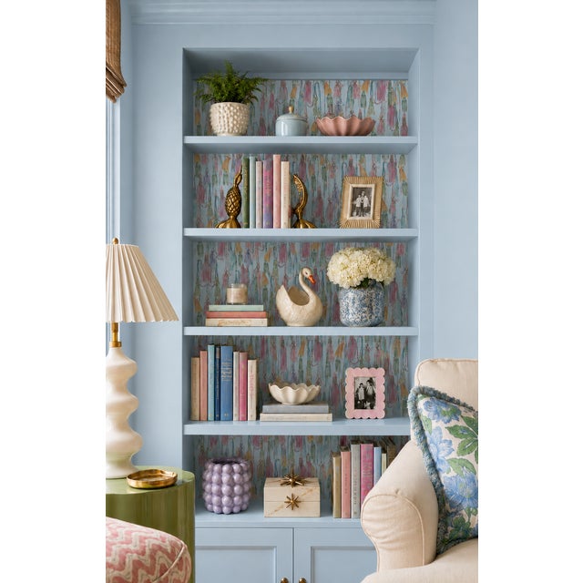 Traditional Tassel Trellis Grasscloth Wallpaper by House Party | Silk Ribbon Blue | 6 Yards For Sale - Image 3 of 10