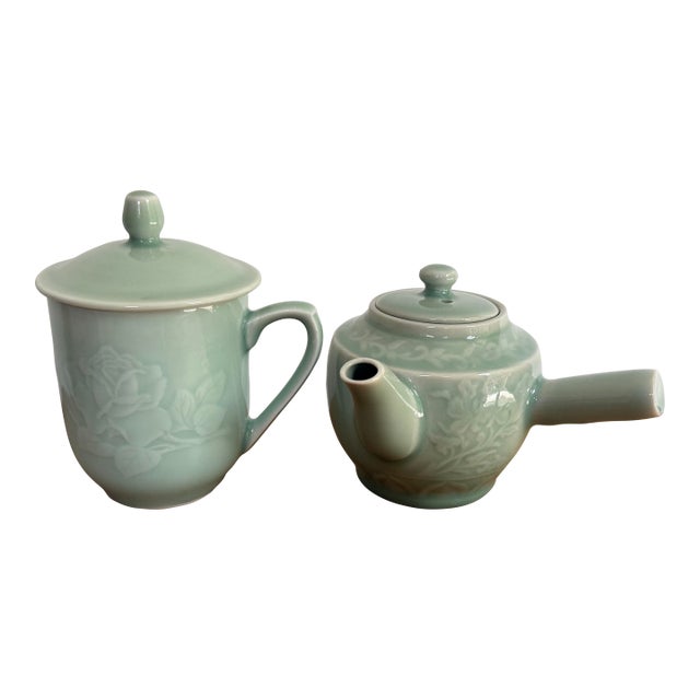 Asian Celadon Tea Pot and Cup, Set of 2 For Sale