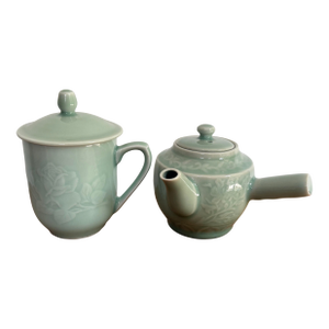 Asian Celadon Tea Pot and Cup, Set of 2