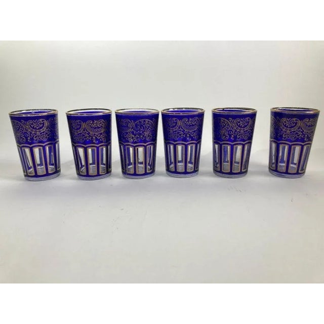 Moroccan Royal Blue Shot Glasses With Gold Moorish Design Set of 6 Barware For Sale - Image 10 of 11
