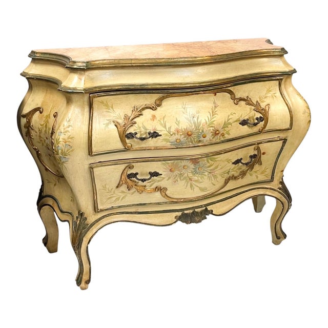 Wood Mid-Century Italian Venetian Hand Painted Floral Commode / Chest Faux Marble Top For Sale - Image 7 of 7