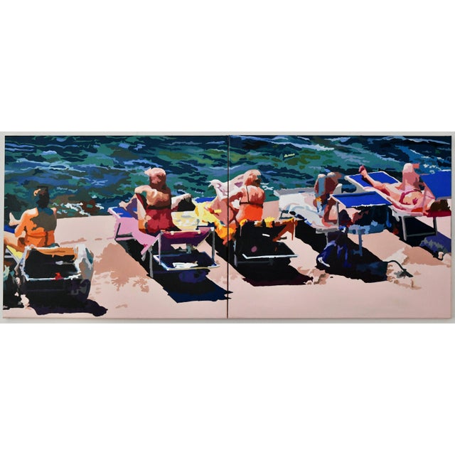 Painting of sunbathers le bain de septembre. by carole grandgirard, title and signature on the back of the canvas. oil on...