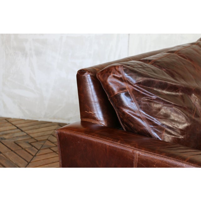 Restoration Hardware Brown Leather Two-Seat Sofa With Rich Patina For Sale In Los Angeles - Image 6 of 18