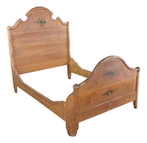 Antique Victorian Floral Painted Pine Full Size Paneled Highback Bed Frame