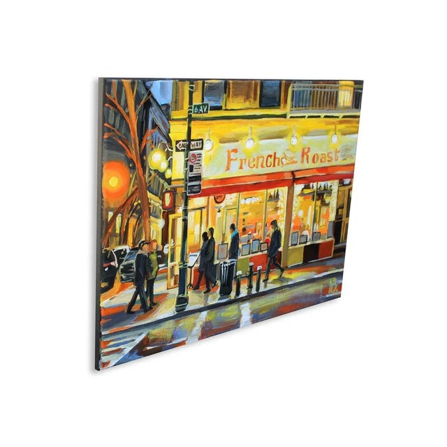 Painting of well-known restaurant French Roast in New York City. Lit with street lights it is a busy place in Big Apple....