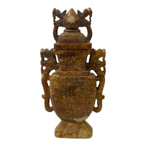 Chinese Brown Color Stone Carved Dragons Flat Jar Display Art